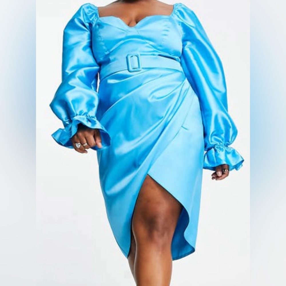 Blue Satin Long Sleeve Belted Dress ASOS Size 24 NWT